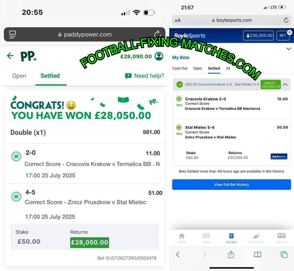 PADDYPOWER CORRECT SCORE FIXED MATCHES