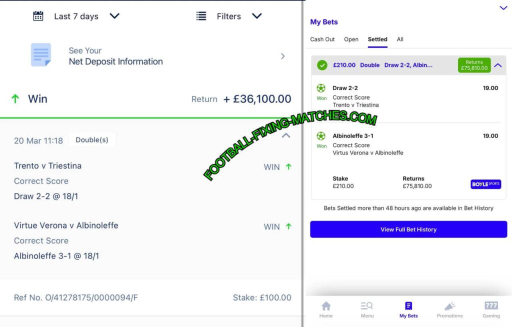 FANDUEL CORRECT SCORE FIXED MATCHES